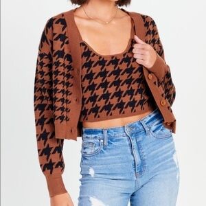 Altar'd State Janice cardigan sweater set brown houndstooth Sz XS